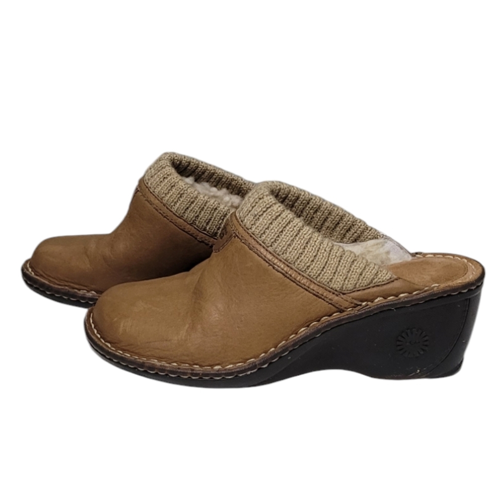 UGG Brown Mules & Clogs with Leather Material and Moderate Wedge Heel
